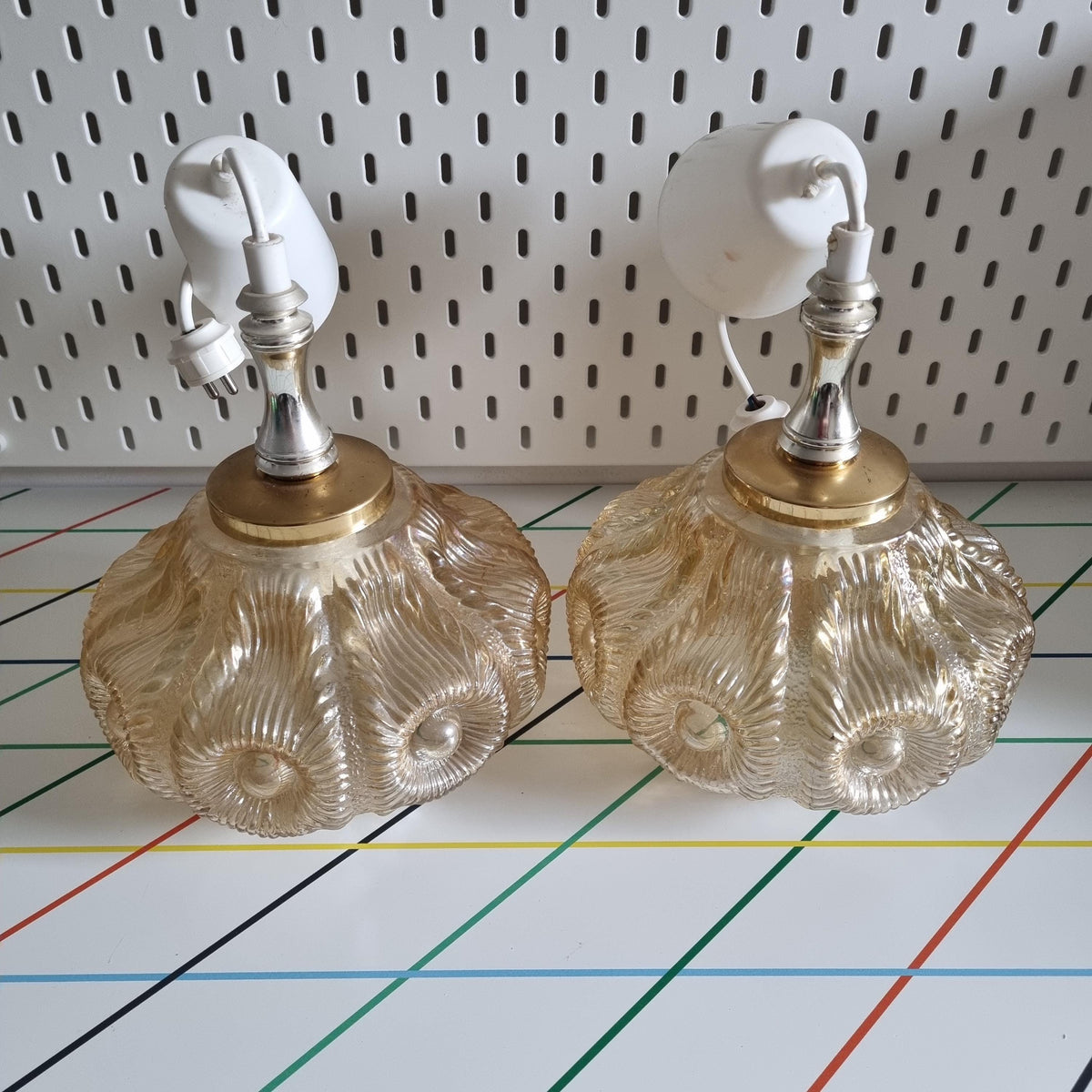 Pair of 1960s Swedish pressed glass pendant lights with brass-tone fittings – photo 6