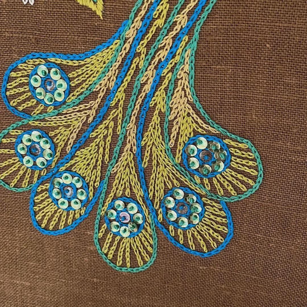 Swedish 1970s hand-embroidered peacock wall art in solid teak frame – photo 3