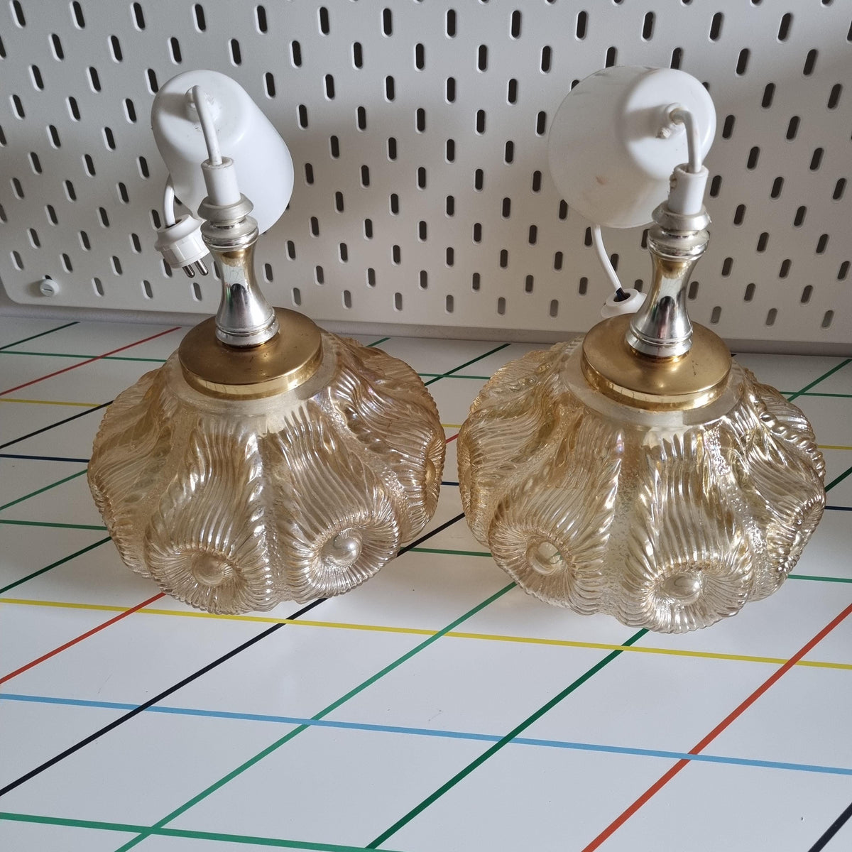 Pair of 1960s Swedish pressed glass pendant lights with brass-tone fittings – photo 7