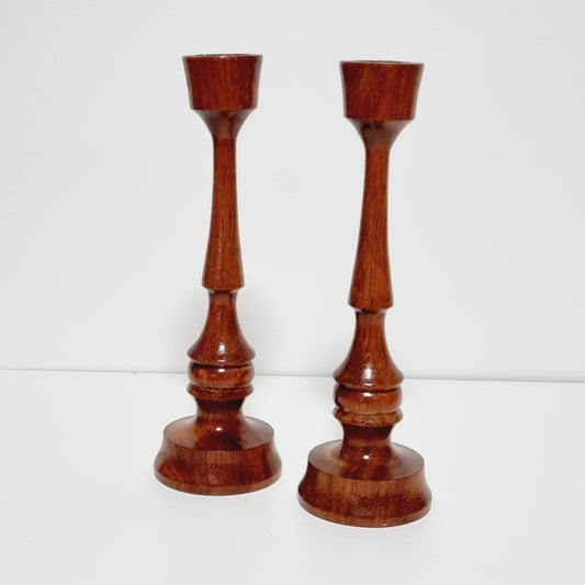 Pair of vintage Scandinavian turned wooden candlesticks, front view