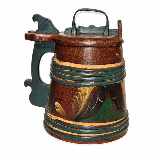 Vintage Scandinavian rosemaling wooden tankard with hinged lid