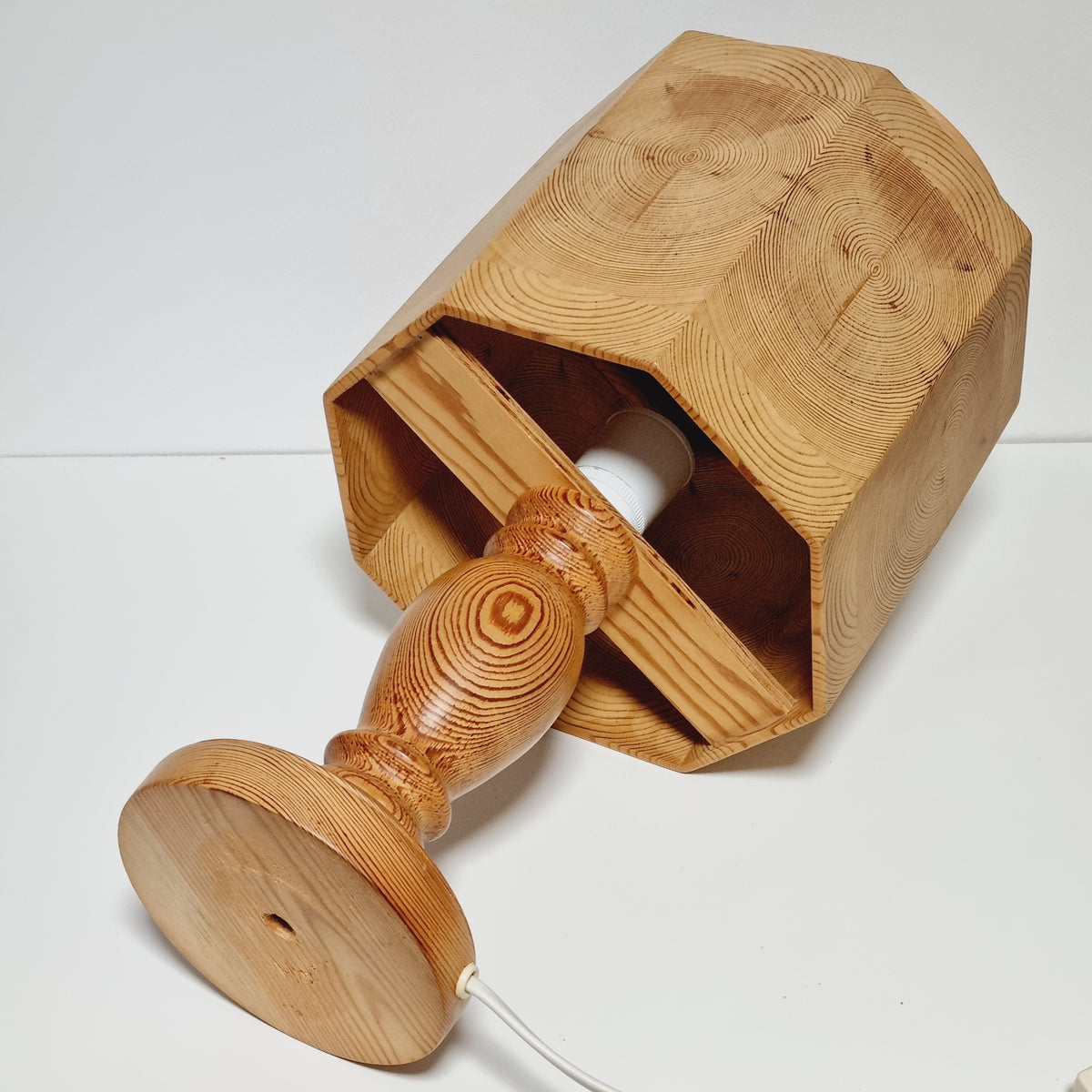 Swedish pine table lamp lying on side showing socket and shade frame
