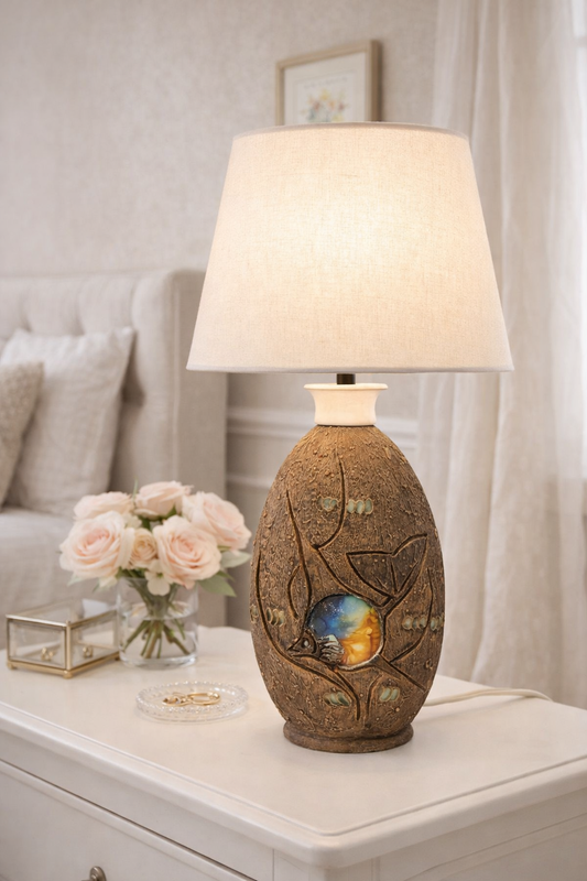 Tilgmans Keramik Brutalist Ceramic Lamp Base – Sweden Mid-Century with textured stoneware and colorful glazed detail on white table.