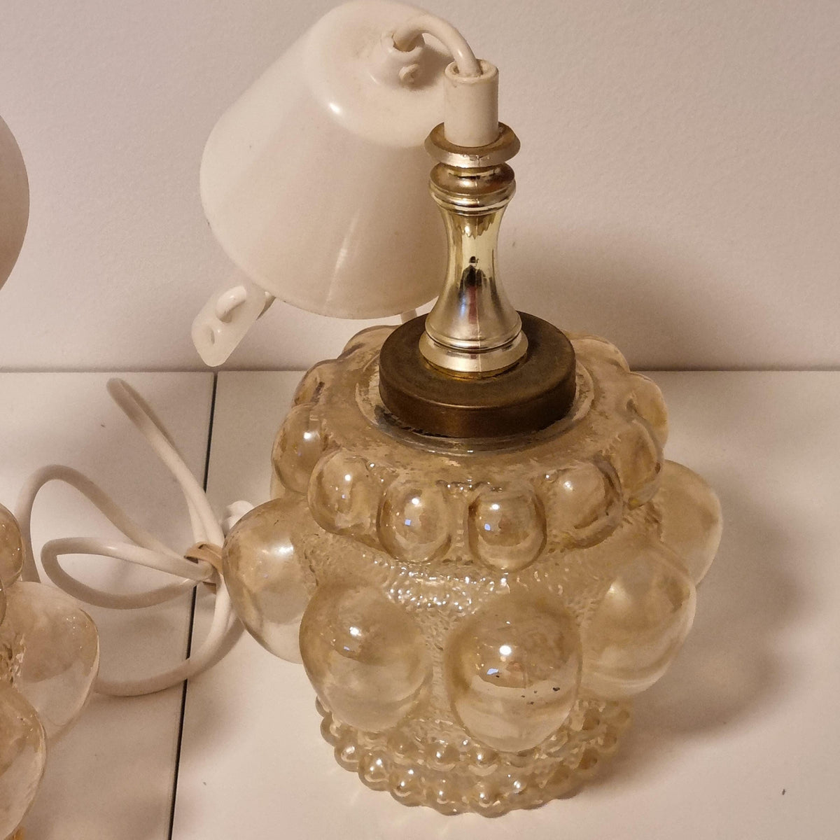Pair of 1960s Swedish bubble glass pendant lights with brass-tone fittings – photo 5