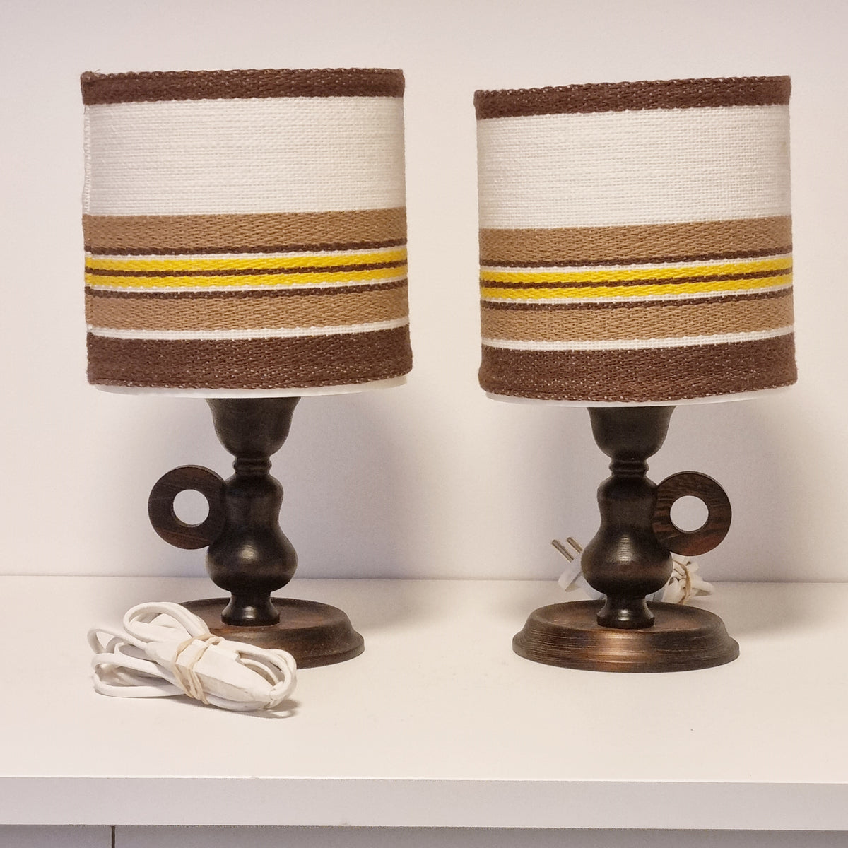 Pair of 1970s carved wood table lamps with striped fabric shades – photo 7