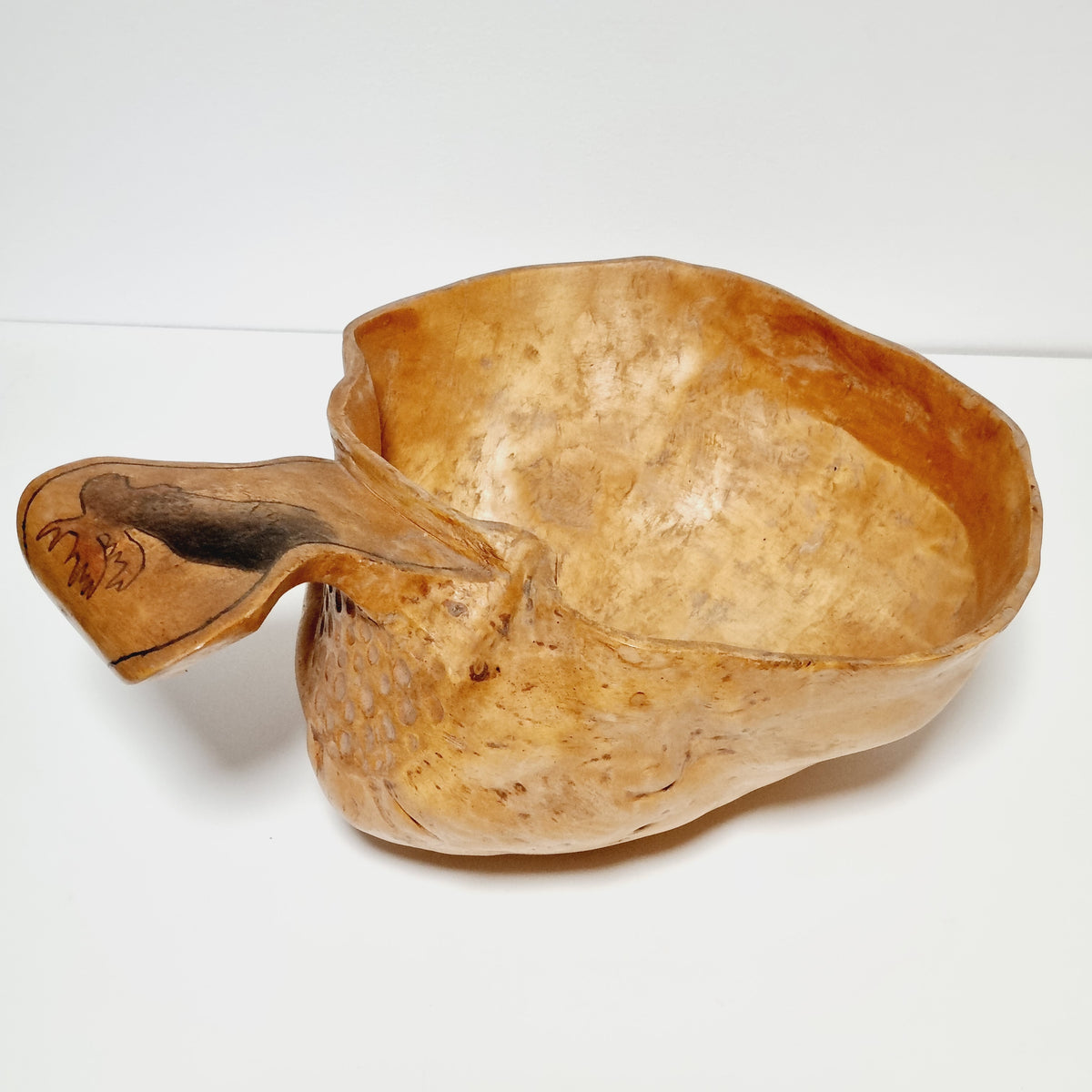 Large hand carved birch burl bowl with handle and moose pyrography