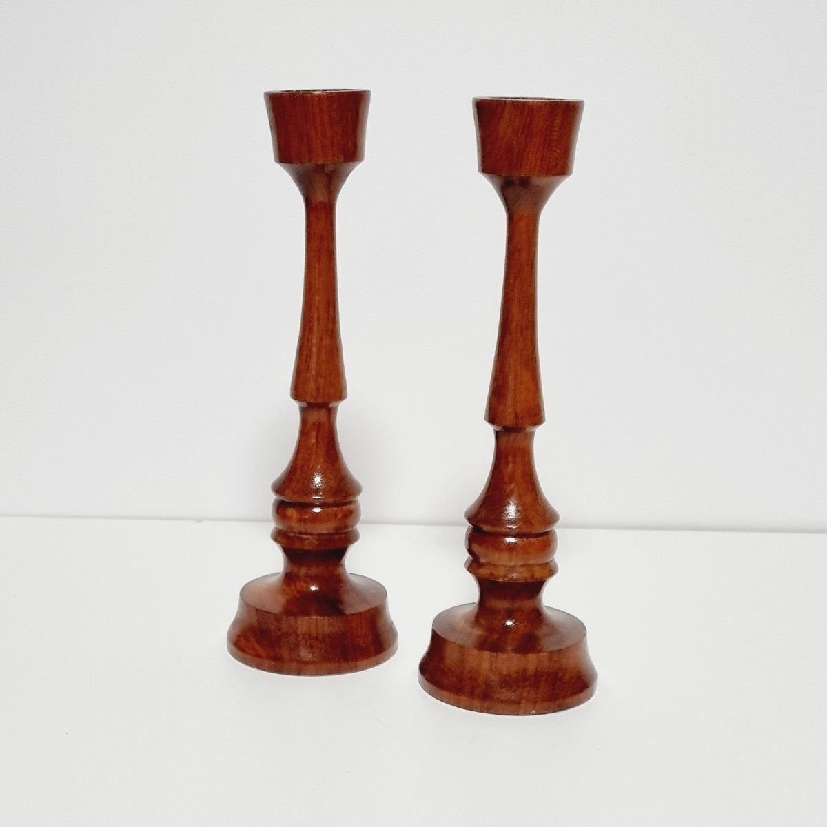 Mid century turned wood candlesticks with tulip candle cups