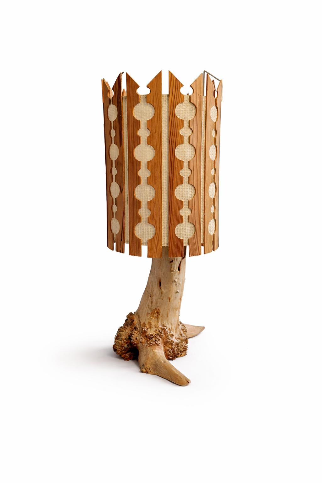 Swedish 1970s root wood table lamp with burl base and pine slat shade – photo 7