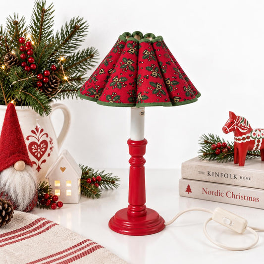 Swedish Christmas table lamp with red wooden base and holly bell shade – photo 2