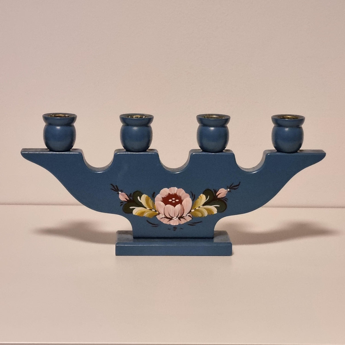 Swedish blue wooden candelabra with hand-painted Kurbits flowers – photo 3