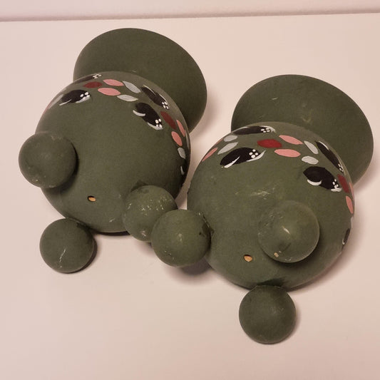 Pair of Swedish green hand-painted wooden candle holders with ball feet – photo 2