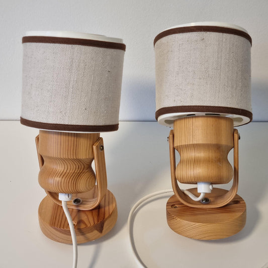 Pair of 1970s Swedish pine wall sconces with linen shades – photo 2