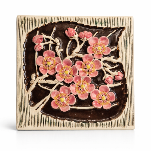 Gie Gantofta Sweden Wall Plaque – Pink Cherry Blossom Ceramic Art Tile – Scandinavian Vintage Decor with floral relief design