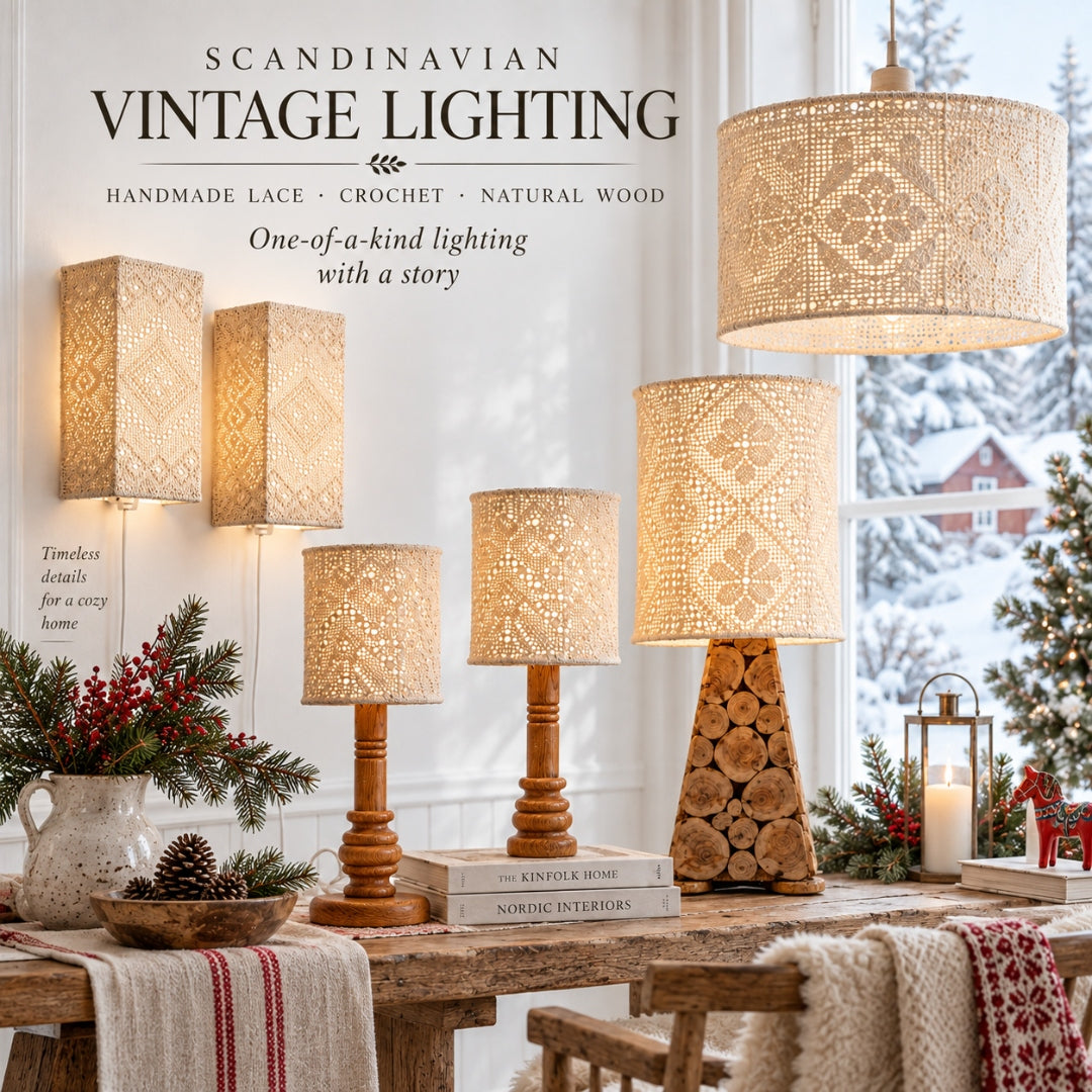 Scandinavian Vintage Lighting — handmade lace crochet lamps and pendant shades