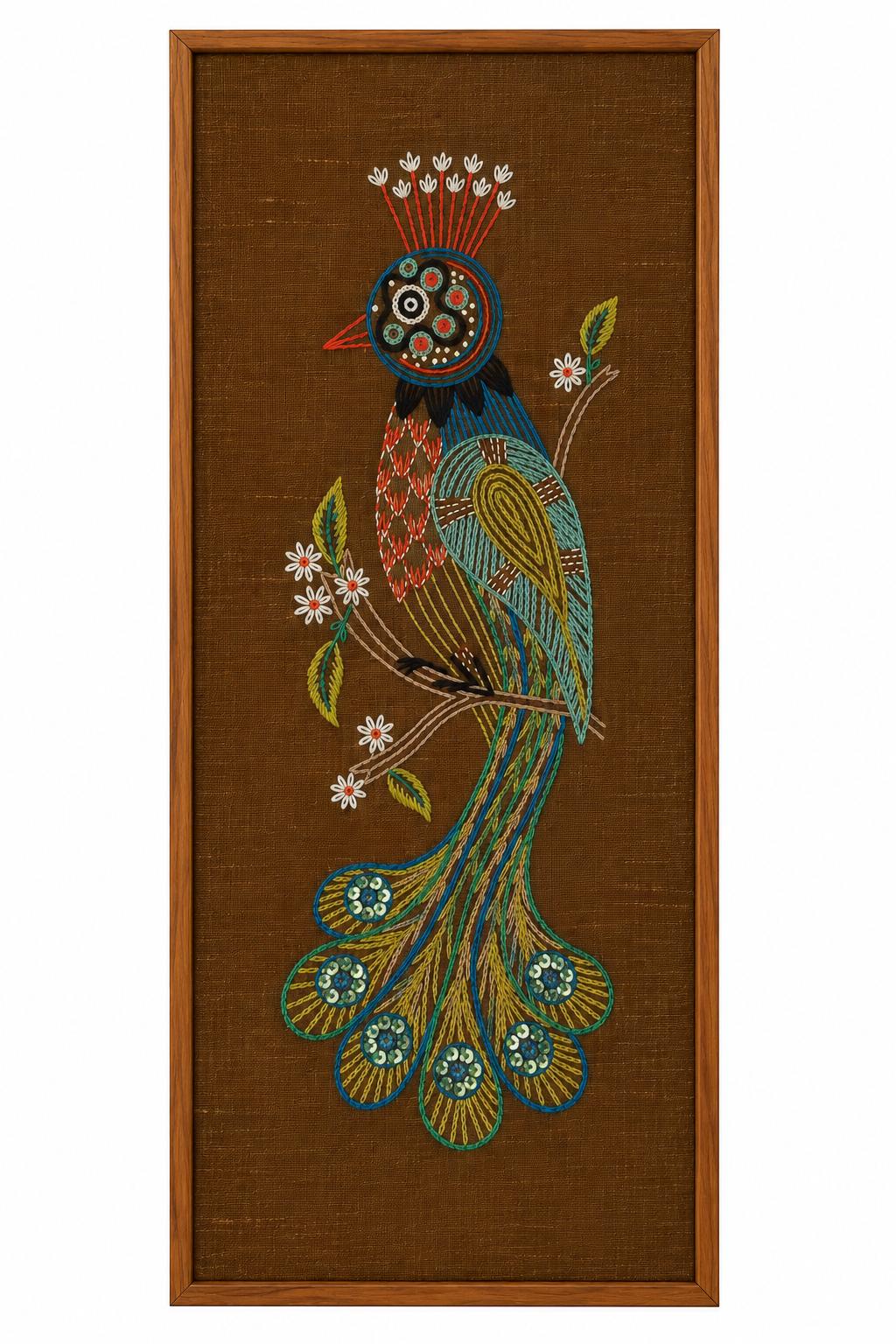 Swedish 1970s hand-embroidered peacock wall art in solid teak frame