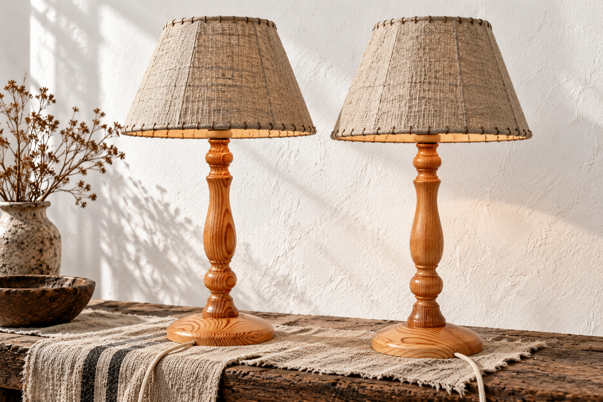 Swedish pine lamp bases styled with example shades, shades not included