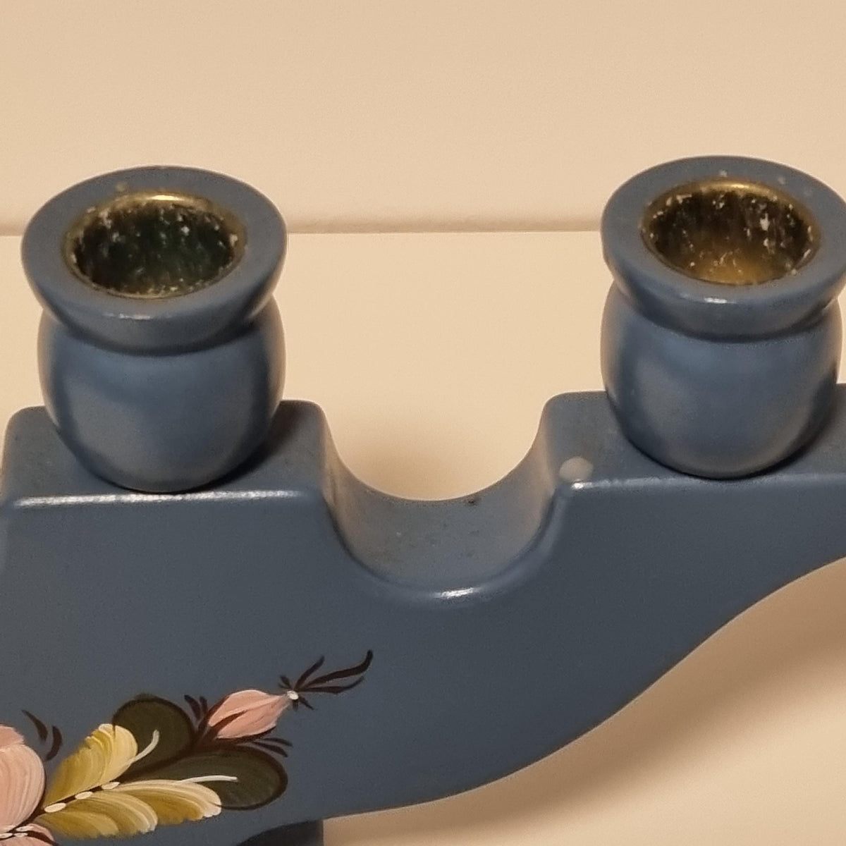 Swedish blue wooden candelabra with hand-painted Kurbits flowers – photo 6
