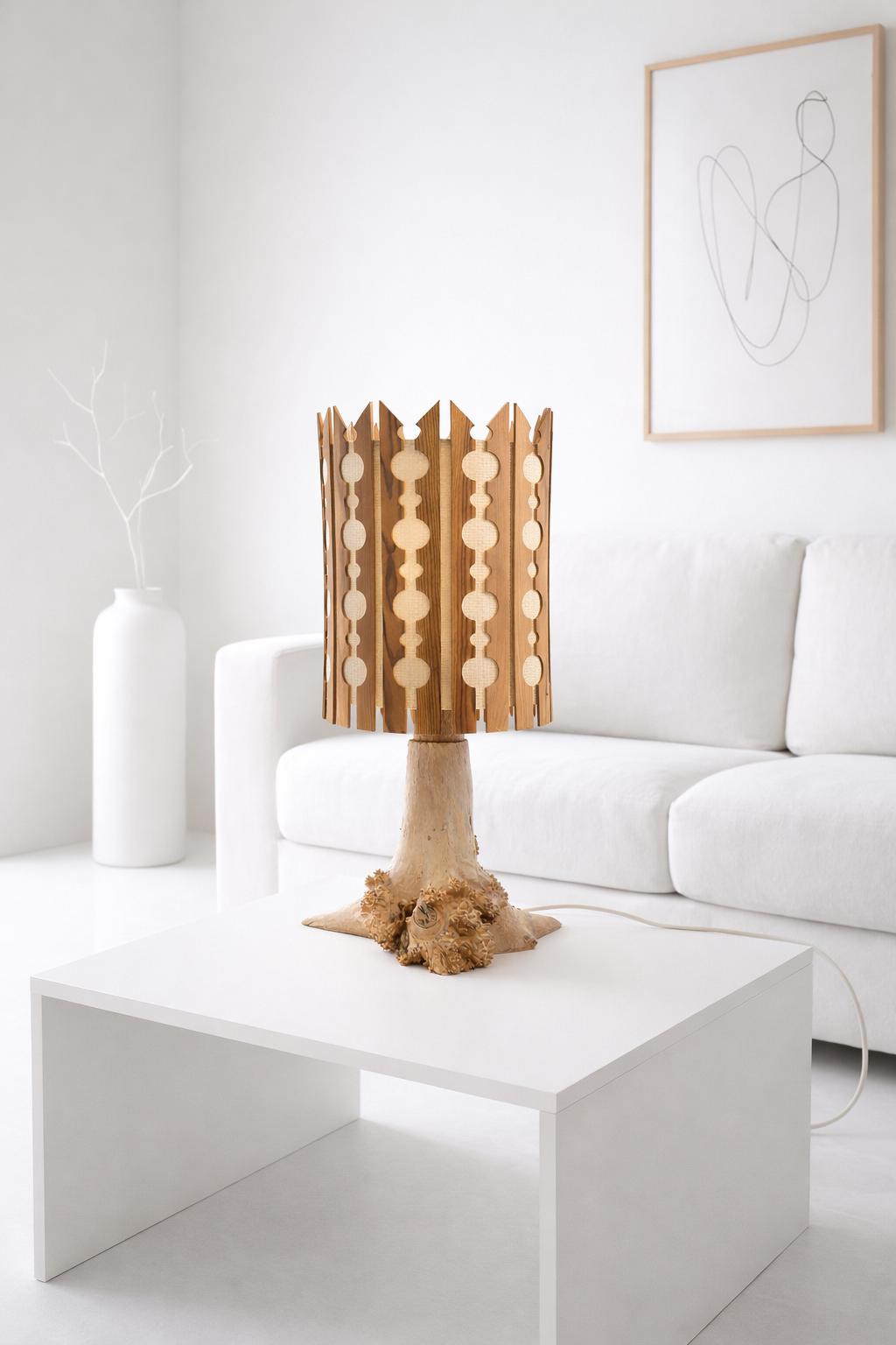 Swedish 1970s root wood table lamp with burl base and pine slat shade – photo 8