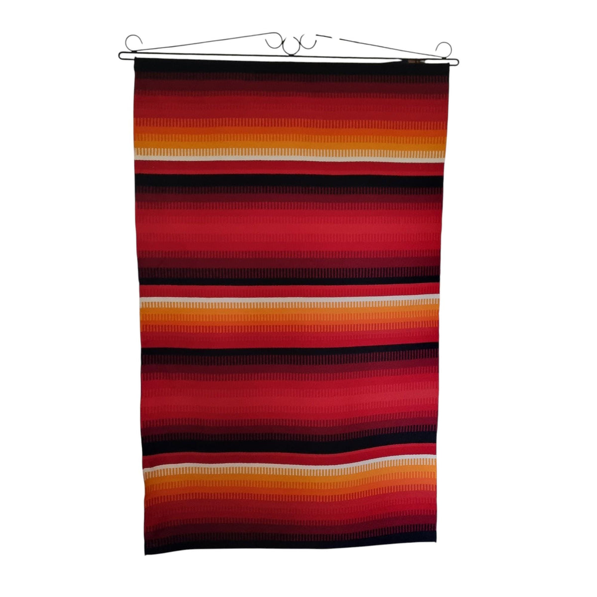 a vibrant, colorful textile with horizontal stripes in shades of red, orange, and yellow.
