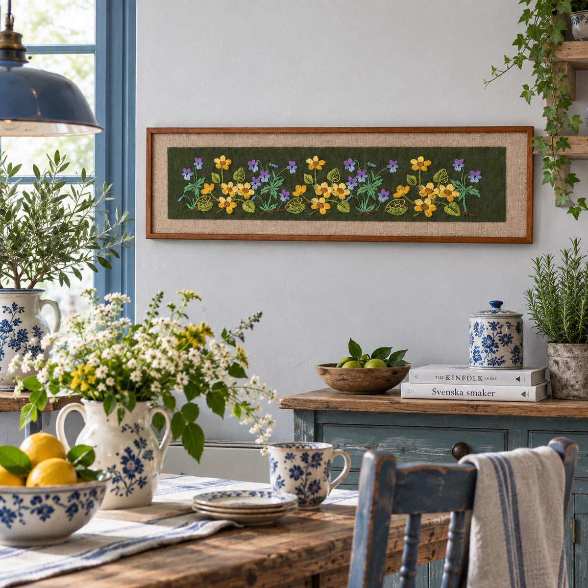 Swedish wildflower embroidery on moss green in solid teak frame – photo 6