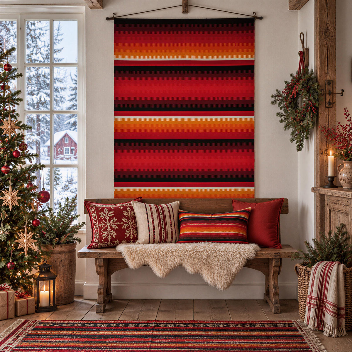a cozy and festive Christmas scene, featuring a wooden bench with colorful pillows, a large red and black striped tapestry hanging on the wall, a Christmas tree, and various holiday decorations such as a wreath and a star.