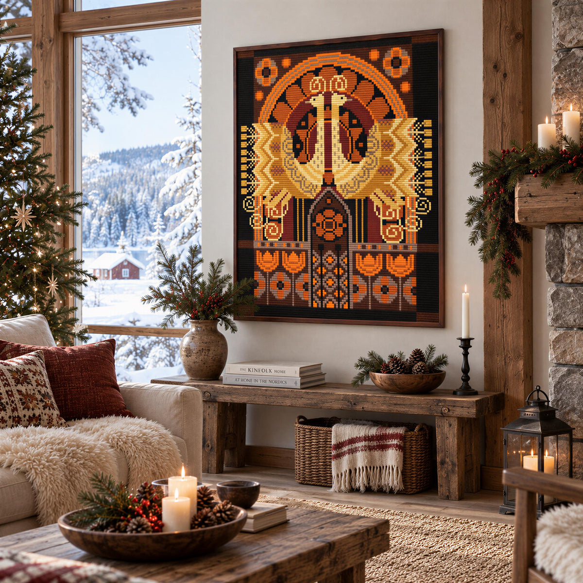 a cozy living room with a large, colorful quilt hanging on the wall, a fireplace, a wooden coffee table, and various decorative elements such as candles, books, and potted plants.