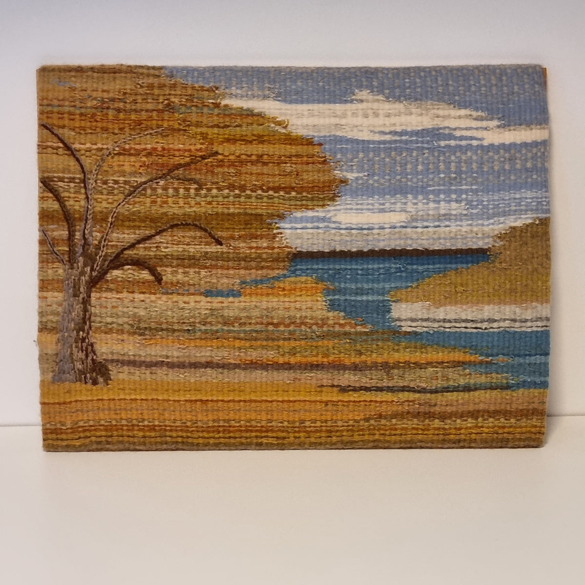 Swedish handwoven landscape tapestry with autumn tree and blue lake – photo 4