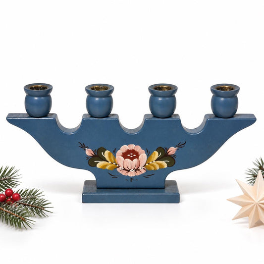 Swedish blue wooden candelabra with hand-painted Kurbits flowers