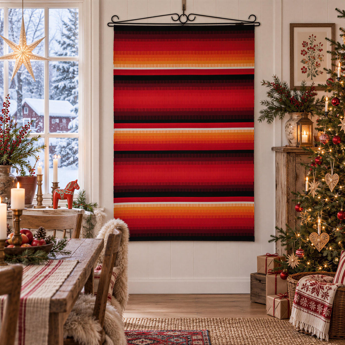 a cozy and festive Christmas scene, with a large, colorful quilt hanging on the wall, a decorated Christmas tree, and a table set with holiday decorations and presents.