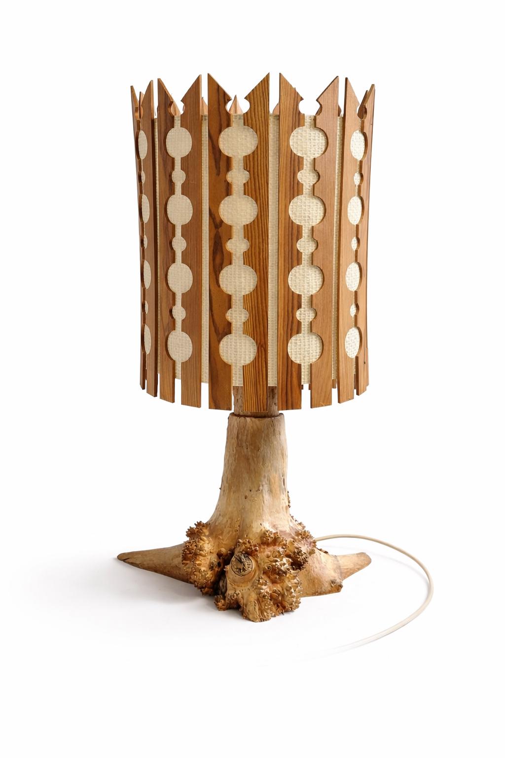 Swedish 1970s root wood table lamp with burl base and pine slat shade