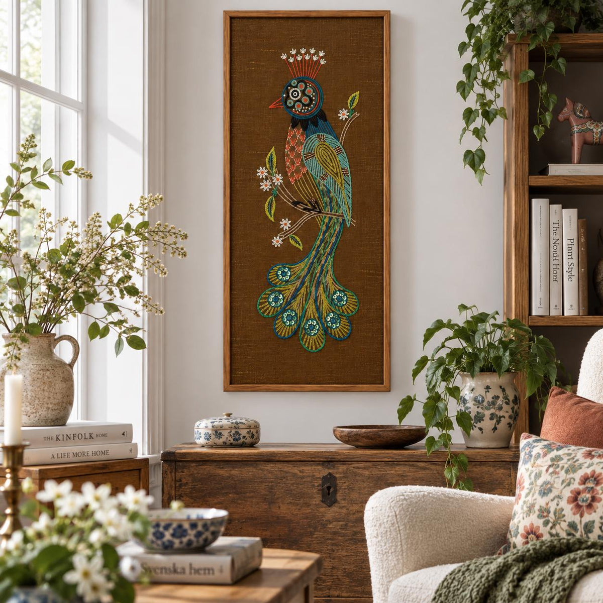 Swedish 1970s hand-embroidered peacock wall art in solid teak frame – photo 2