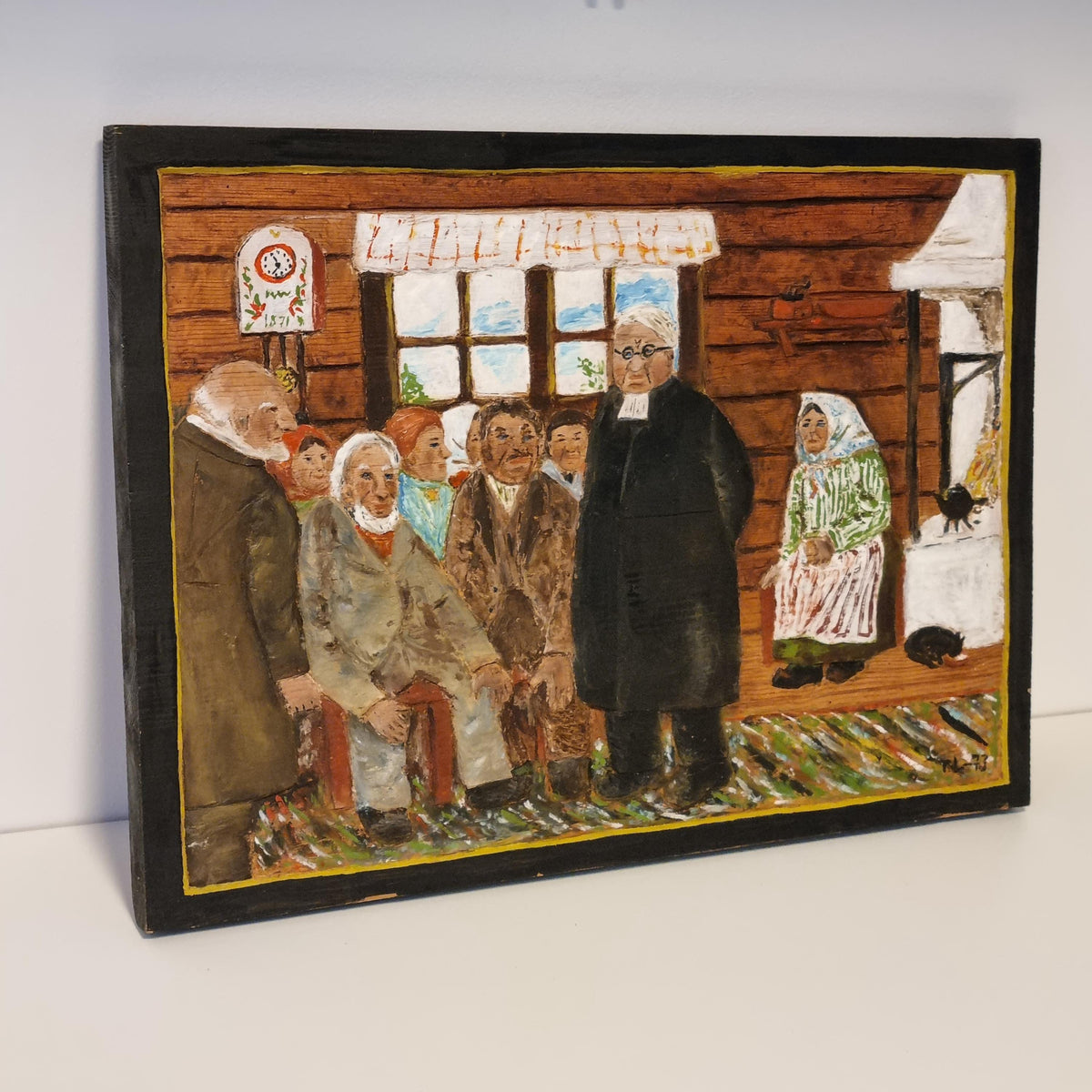 Swedish folk art painted wood relief of villagers in a rural cottage – photo 3
