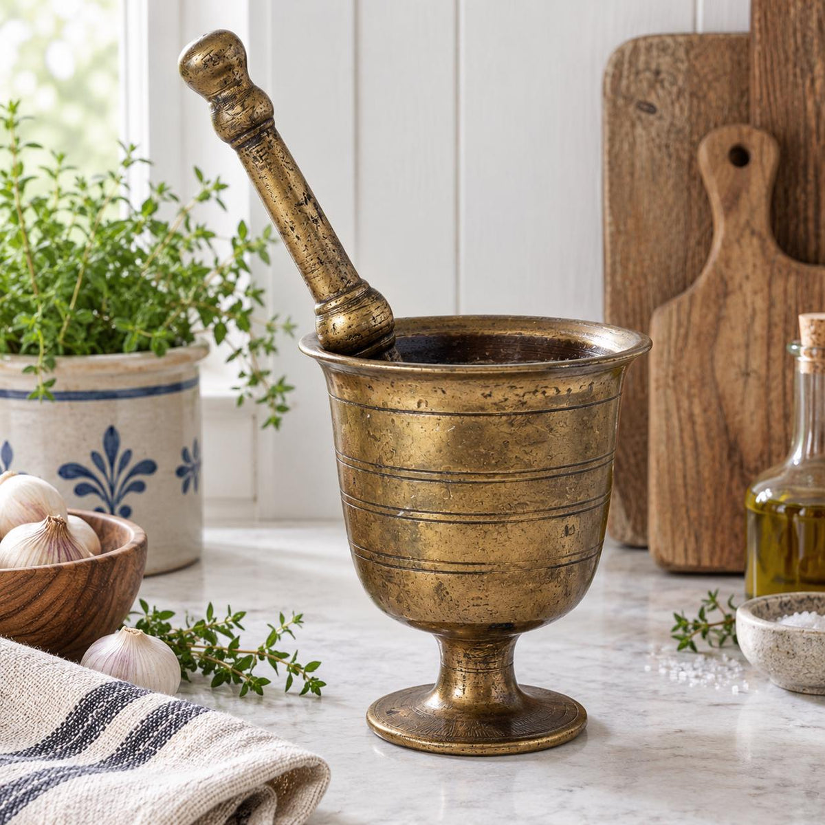 Antique footed brass mortar and pestle, 19th century – photo 3