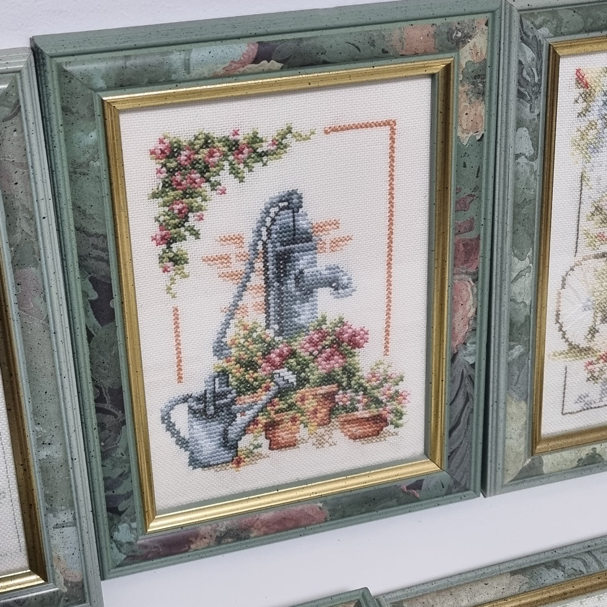 Framed cross stitch garden scene, hand stitched needlework, photo 8