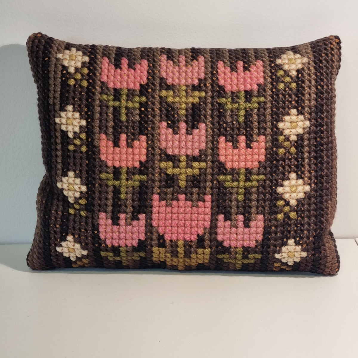 Swedish wool embroidered cushion with nine pink tulips on dark brown – photo 3