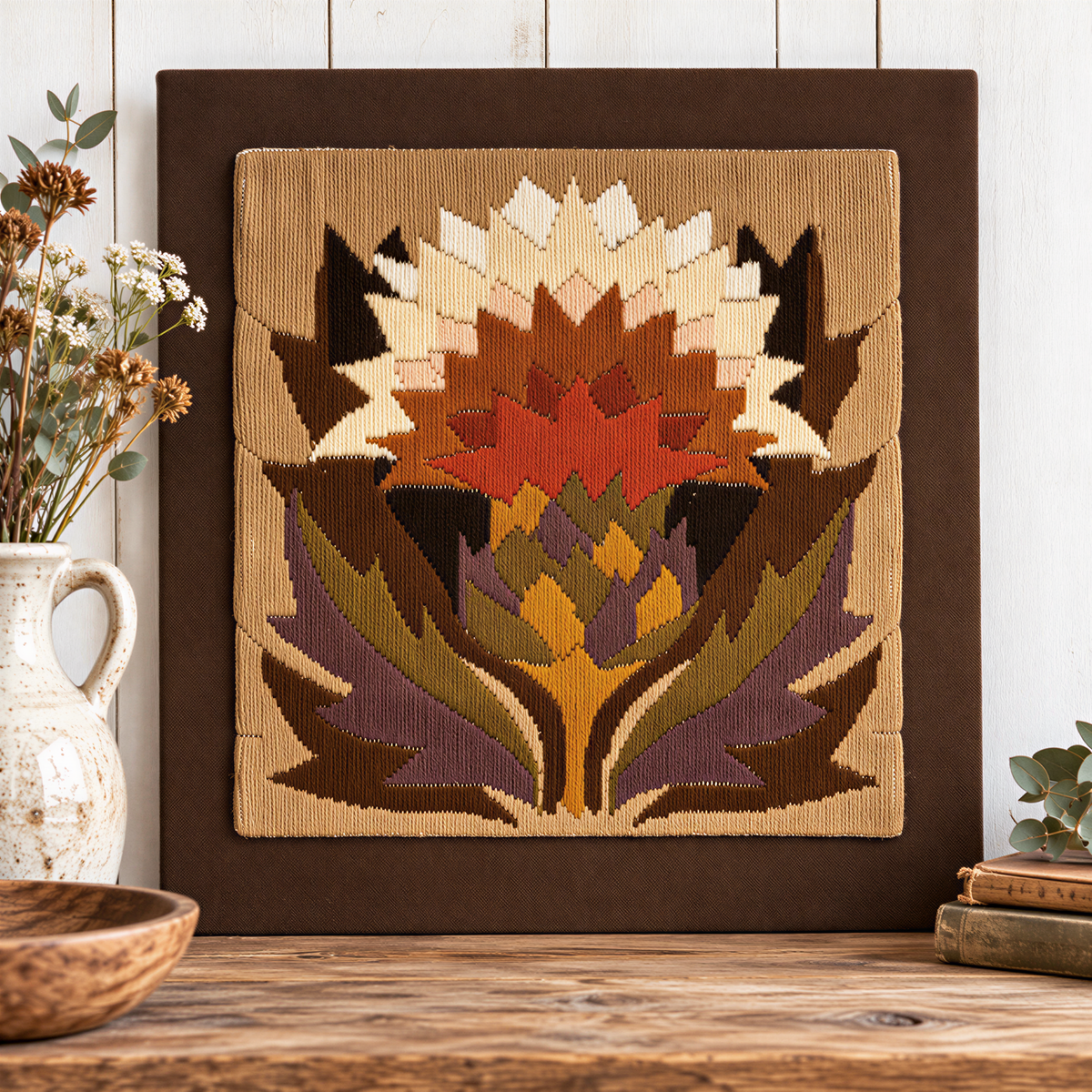 Swedish handwoven flamskväv tapestry with geometric flower in rust red – photo 2