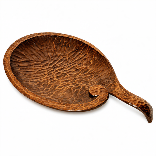 Vintage hand carved wooden leaf dish with scroll handle