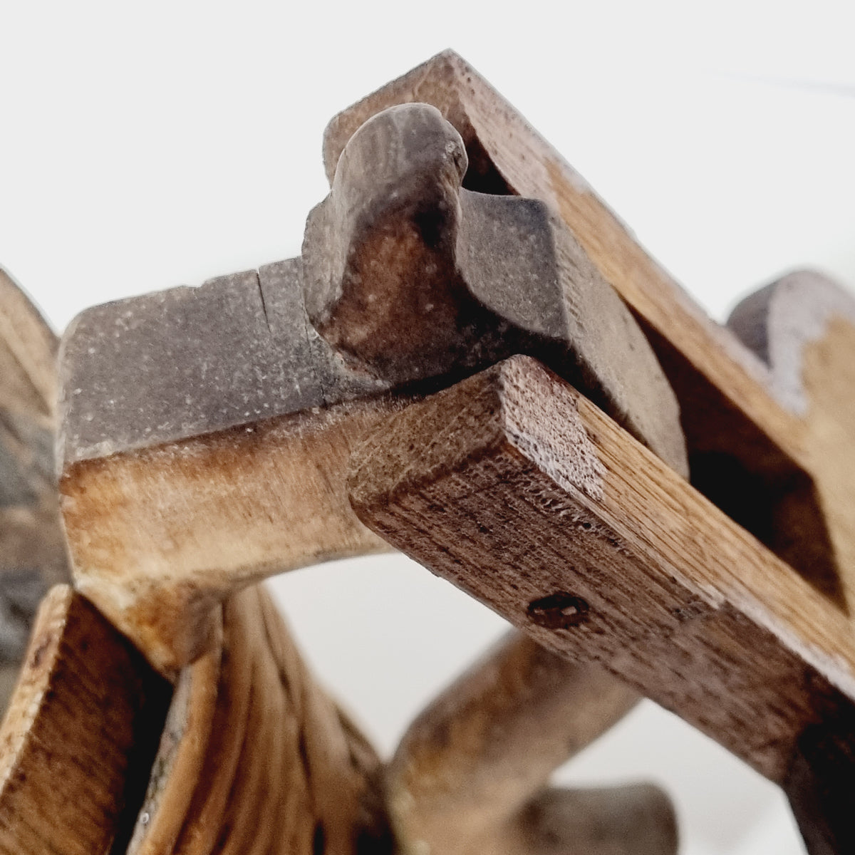 Carved thumb piece and hinge block on antique wooden tankard