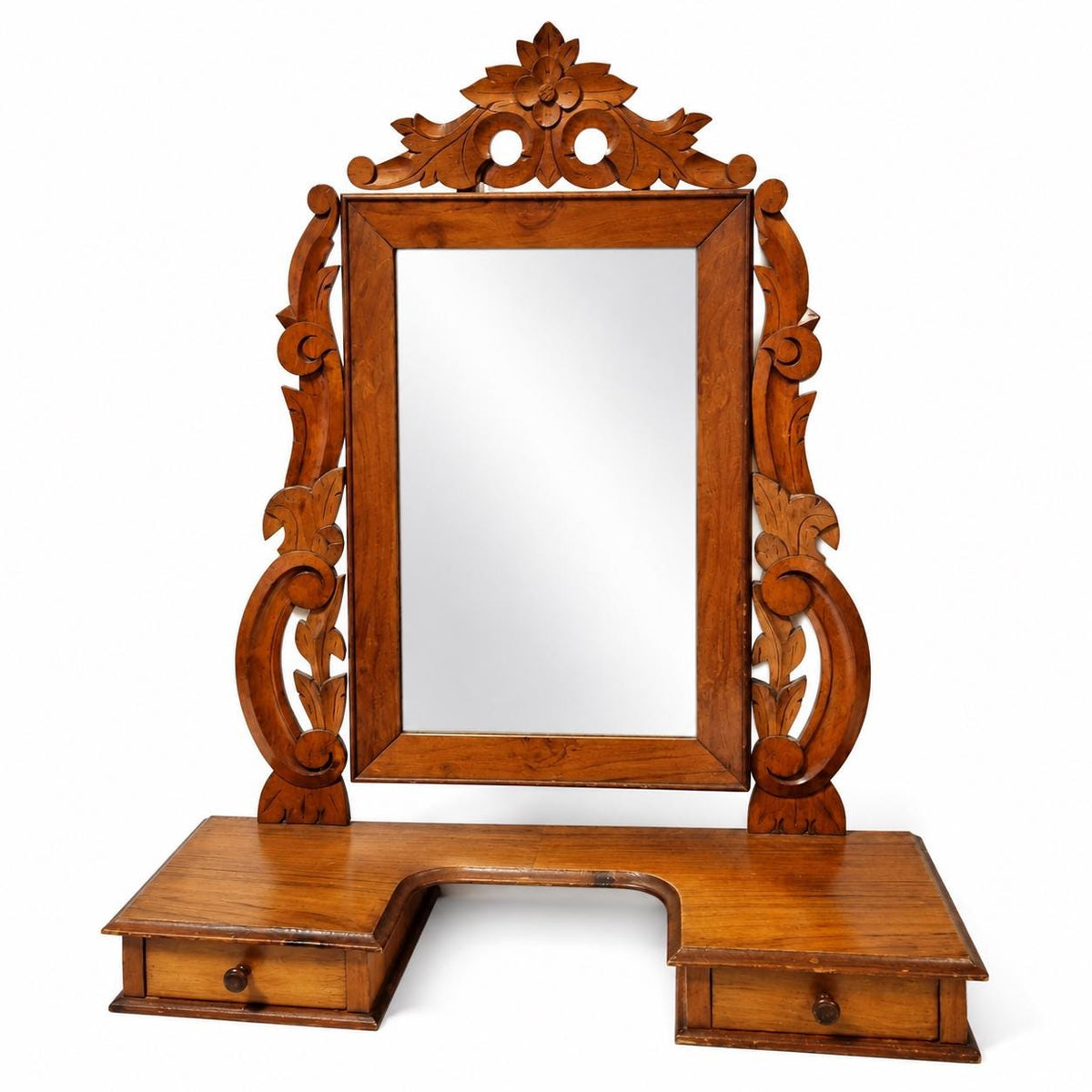 Antique carved walnut dressing table mirror with tilting mirror and drawer – photo 4