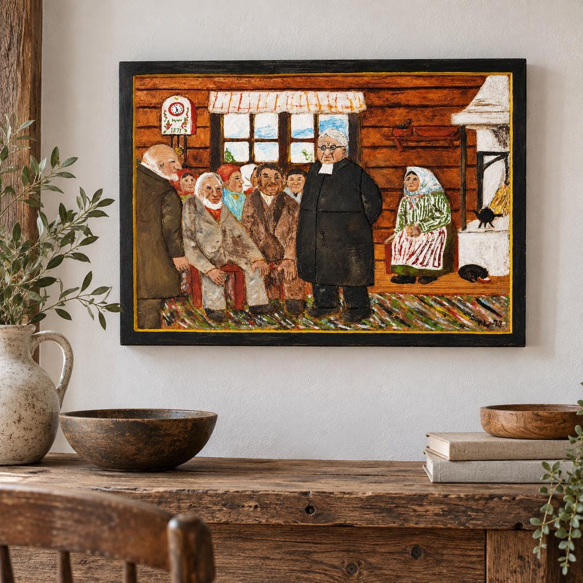 Swedish folk art painted wood relief of villagers in a rural cottage – photo 2