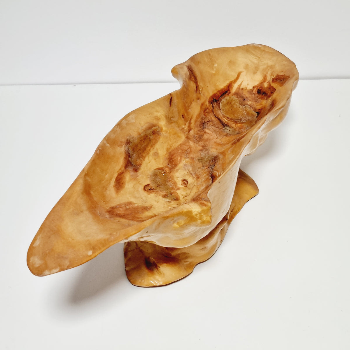 Boat-shaped birch root bowl, side view