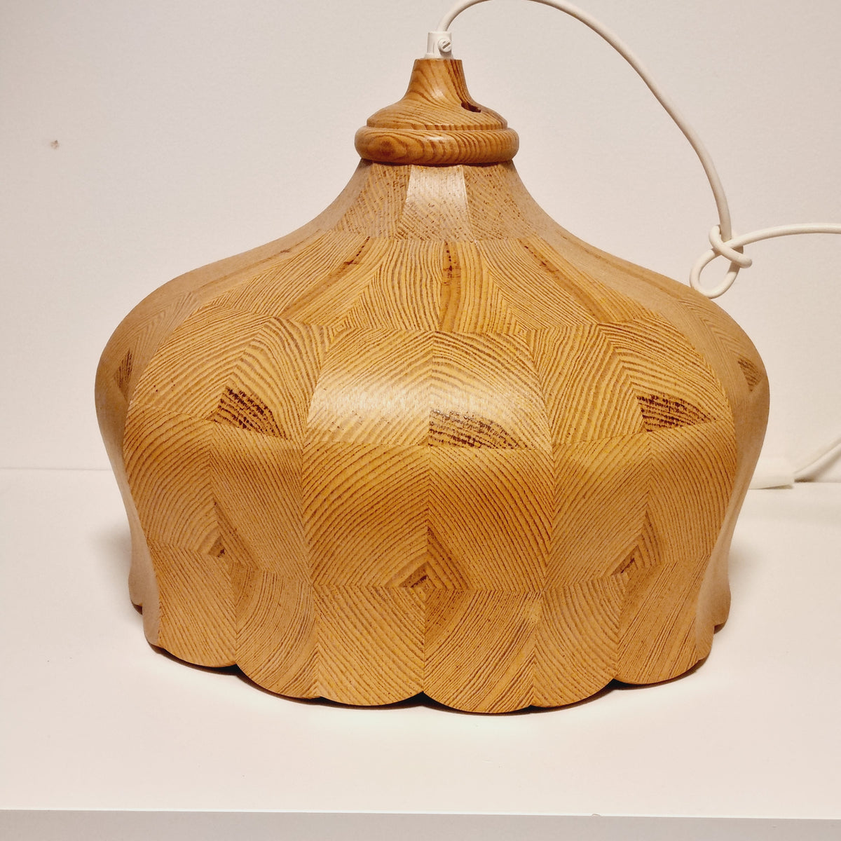 Mid century Swedish wooden pendant lamp in solid pine, end grain segments and hand-turned top