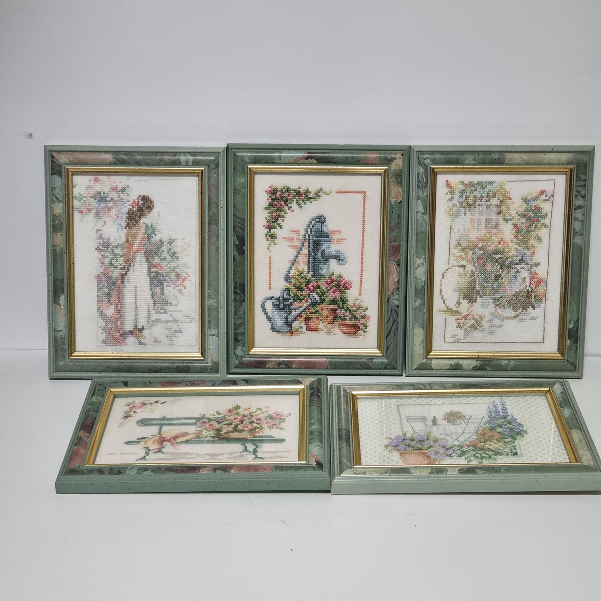 Framed cross stitch set of 5, hand stitched country garden scenes, photo 4