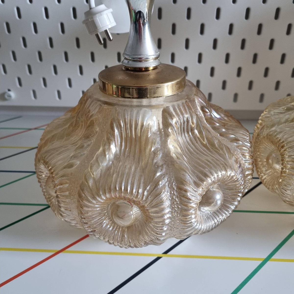 Pair of 1960s Swedish pressed glass pendant lights with brass-tone fittings – photo 8
