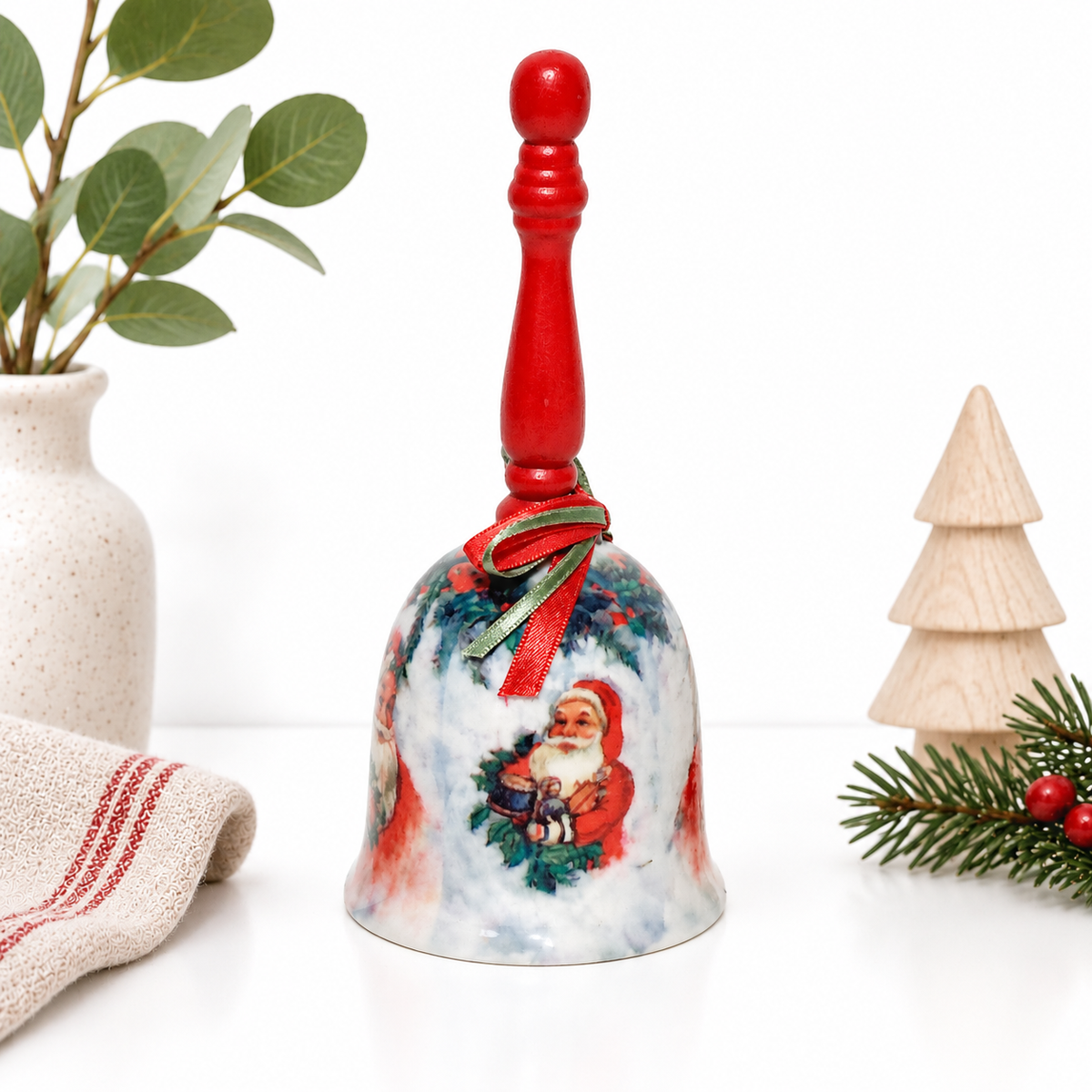 Porcelain Christmas bell with old world Santa and red wooden handle, photo 1