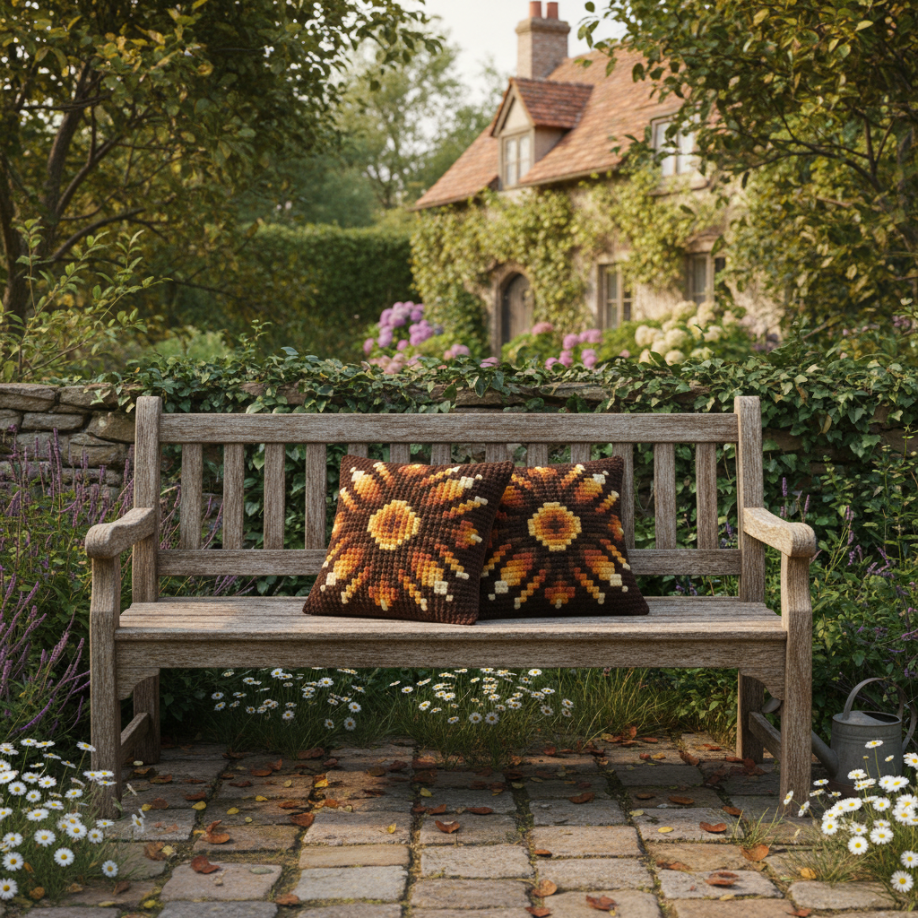 Scandinavian Folk Art Cushions Vintage Handwoven Swedish Textile Pillows on rustic wooden bench, authentic vintage charm.