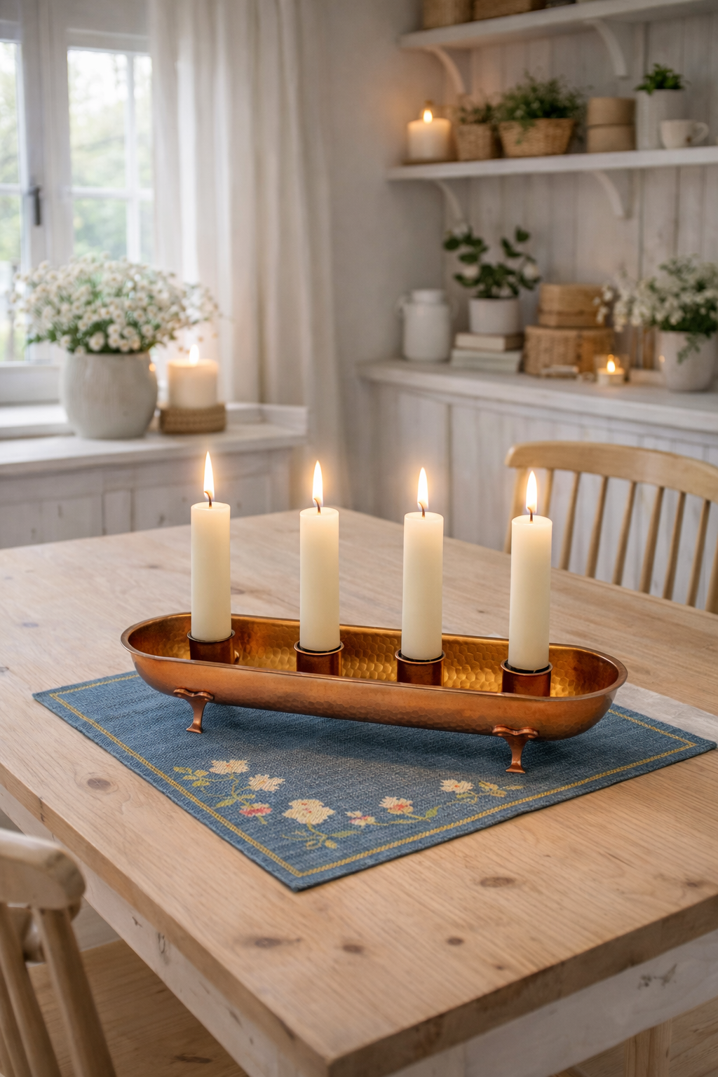 Vintage Hammered Copper Candle Holder Tray – 4 Pillar Candles, Footed with timeless charm in a cozy Scandinavian mid-century modern setting