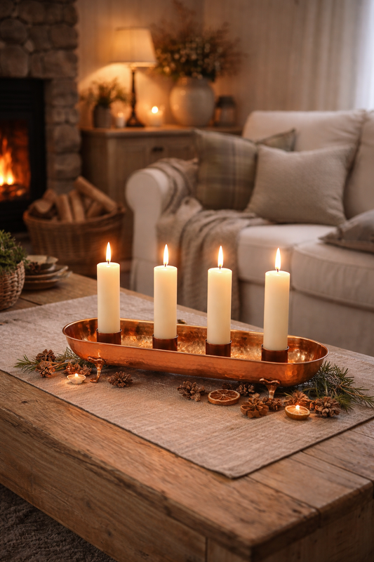 Vintage Hammered Copper Candle Holder Tray – 4 Pillar Candles, Footed with timeless charm in a cozy living room setting.