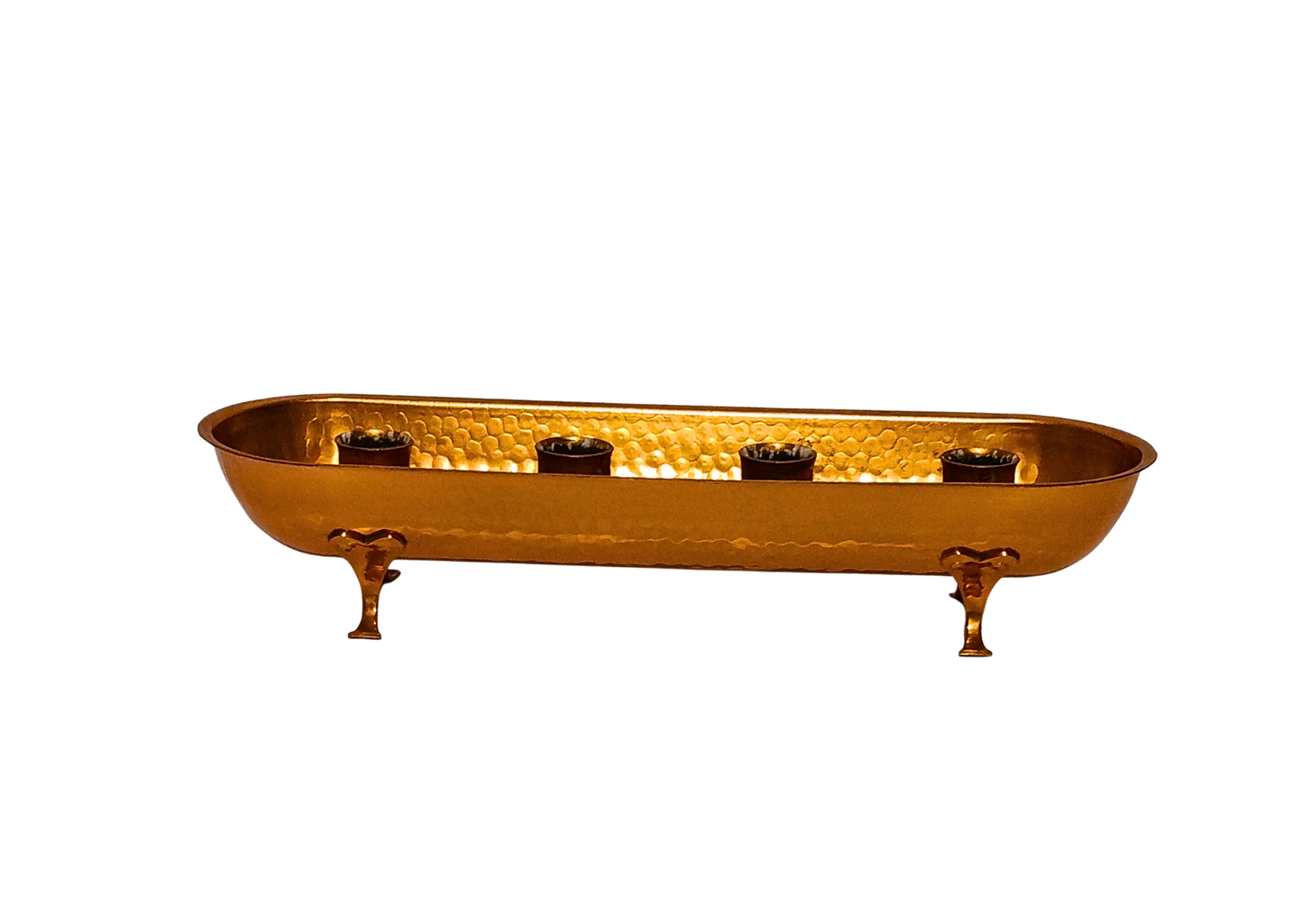 Vintage Hammered Copper Candle Holder Tray – 4 Pillar Candles, Footed with authentic vintage charm and timeless Scandinavian mid-century modern style.