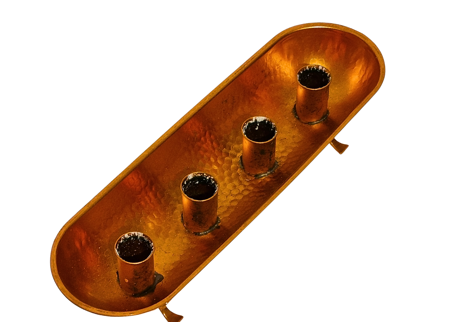 Vintage Hammered Copper Candle Holder Tray – 4 Pillar Candles, Footed with authentic vintage timeless charm and mid-century modern style
